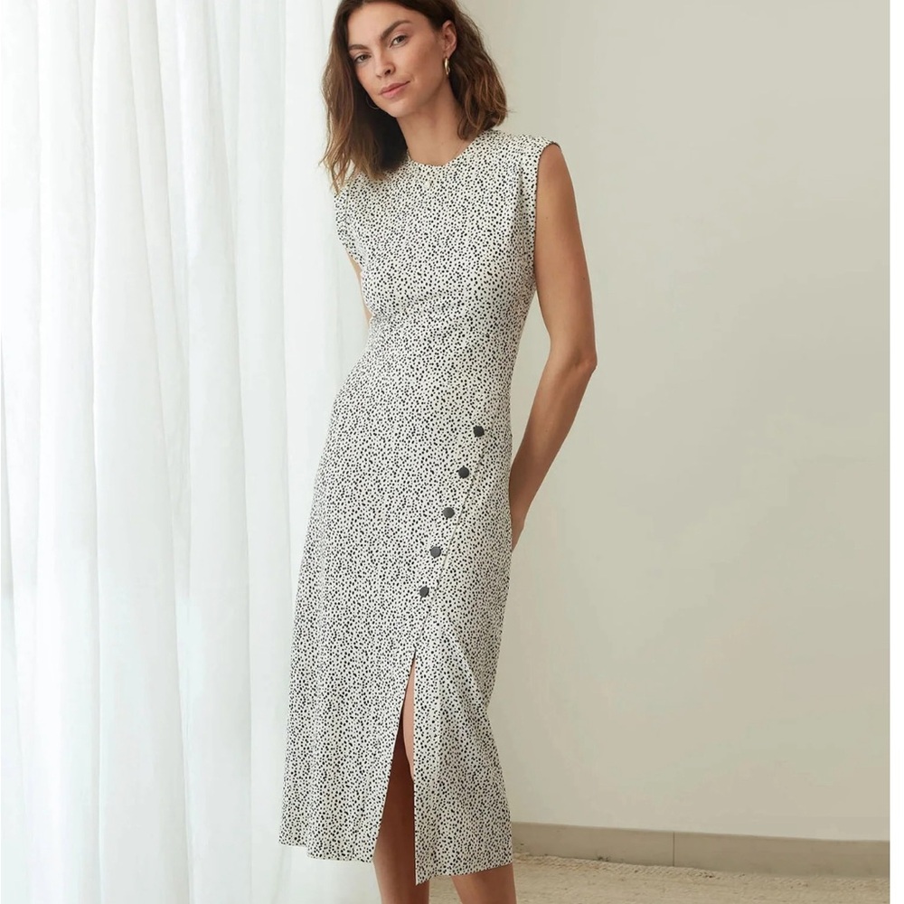 ANTHROPOLOGIE Grey State Chiara Dottie Body Con Midi Dress, Size Large, NWOT